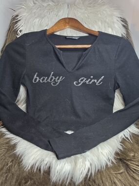 Y2K "baby girl" Black Rhinestone Script Cropped Long Sleeve Top